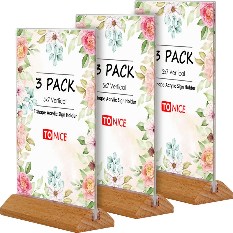 TONICE 3 Pack 5x7 Acrylic Sign Holder T Shape Clear Acrylic Double Sided Frames with Wood Base Table Menu Display Stand Flyer Display (Optional 8.5x11/5x7 Inch L/T Shape) - Image 1